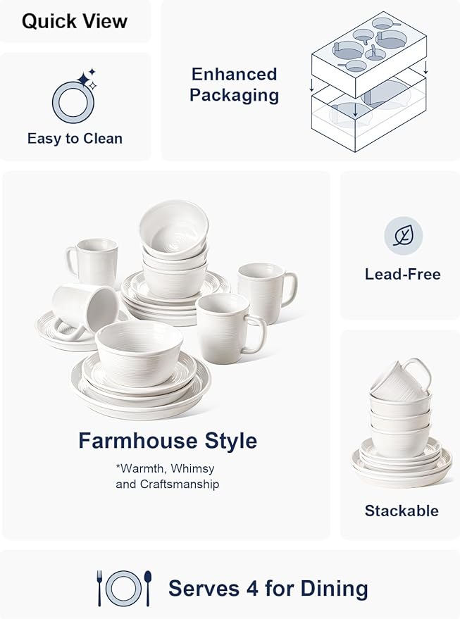 LE TAUCI Dishes Set with Mugs for 4, Stoneware Plates and Bowls Set, 10" Dinner & 8" Salad Plates, 6" Bowls, 18 oz Cups, Stackable, Microwave & Dishwasher Safe Ceramic Dinnerware, 16-Piece, White