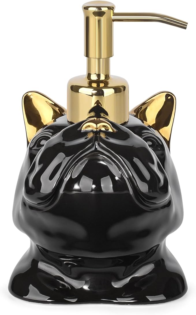 French Bulldog Shaped Soap/Lotion/Hand Sanitizer Bulldog Ceramic Stainless Steel Pump Dispenser Gifts for Lover, Refillable for Kitchen and Bathroom(Gold/Black)