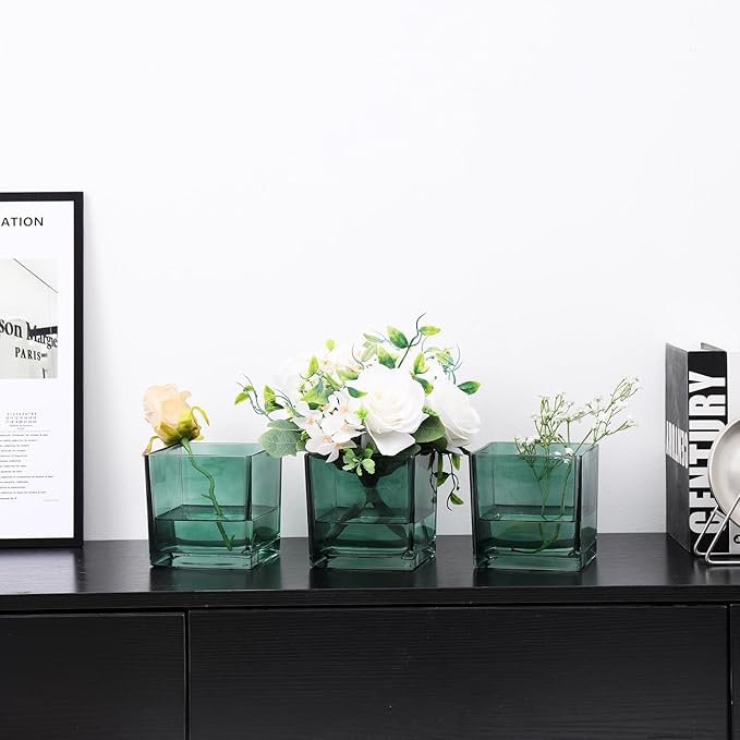 Square Glass Vases Set of 4, 5" x 5" x 5" Green Flower Vases for Centerpieces, Square Vase for Flowers, Small Vase for Wedding, Party, Home Office Decoration