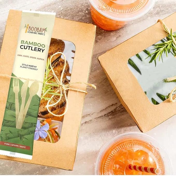 Boobam Econatural Products Bamboo Utensils - Natural Disposable Wooden Cutlery for Party, Eating, Camping, Picnic, Wedding, Compostable Silverware, Individually Wrapped Spoons, Forks, Knives - 50 Sets