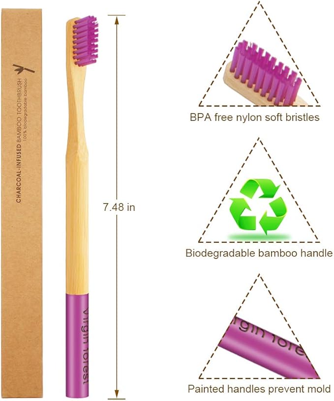 Virgin Forest 6 Pcs Biodegradable Bamboo Toothbrushes, Natural Eco-Friendly BPA-Free Toothbrushes, Best Travel Wood Toothbrush Set for Sensitive Gums