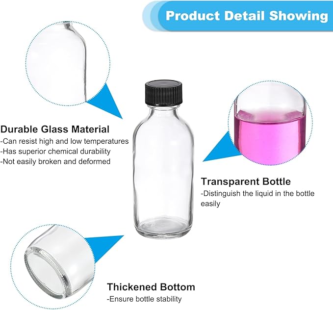 PATIKIL 2oz(60ml) Glass Sample Bottles, 24Pcs Round Bottle Dispensing Bottles with Black Poly Cone Cap for Reagent Liquids, Juice, Perfume Hot Sauce Ginger Shots, Transparent