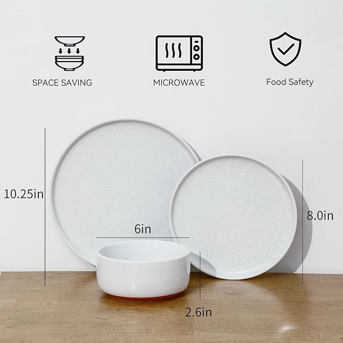 GZG Modern Art Series - 6 Pcs Speckled Stoneware Plates and Bowls Sets, Ceramic Dinnerware Set with Rustic Terracotta Underside, Microwave and Dishwasher Safe Handcrafted Dishes Set - Porcelain White