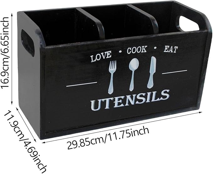 Fenteer Kitchen Utensil Holder Storage Crock Vintage Accessories Wooden Utensil Organizer Cutlery Box for Counter Hotels Restaurants, Black