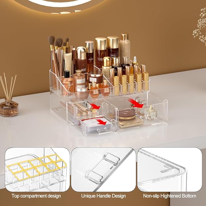 Makeup Organizer for Vanity, Acrylic Large Desk Organizer with Drawers, Ideal Vanity Holder for Cosmetics, Lipsticks, Nail Polish, Skincare, Countertop, Bathroom, Dresser