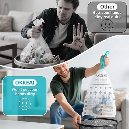 OKKEAI 1.2 Gallon Mini Trash Bags, Small Drawstring Bathroom Garbage Bags 5L – Leak-Proof Tear-Resistant Wastebasket Liners for Bathroom, Office 70 Count
