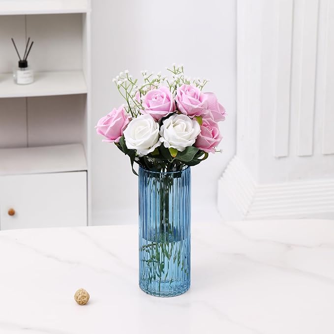 Blue Glass Vase, Glass Flower Vase, Ribbed Glass Vases, Blue Vase, Tall Cylinder Vases for Centerpieces, Living Room, Bedroom, Dining Table, Office, Wedding, Bookshelf Decoration, 10 Inches
