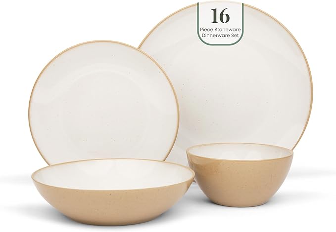 Larder & Vine Ceramic Stoneware Dinnerware 16-Piece Set, 4 Place Settings (Sand)