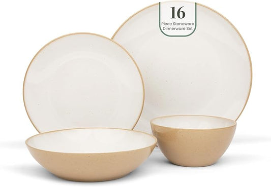 Larder & Vine Ceramic Stoneware Dinnerware 16-Piece Set, 4 Place Settings (Sand)