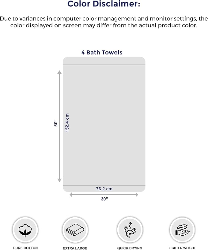 Tens Towels Pack of 4 Extra Large Bath Towels 30 x 60 Inches, 100% Cotton, Larger & Lighter Weight, Quicker to Dry, Super Soft and Absorbent, Perfect for Bathroom, Dark Grey