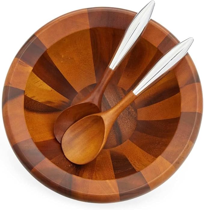 Nambé Yaro Salad Bowl Set – 14" Acacia Wood Bowl with Alloy-Accent Servers, Smooth Sculpted Design & 4 QT Capacity – Elegant Tableware for Serving Salads, Meals & Entertaining Guests