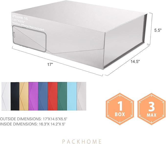 PACKHOME 17x14.5x5.5 Inches, Extra Large Gift Box with Lid, Magnetic Closure Box for Clothes and Large Gifts (Glossy Silver with Grass Texture)