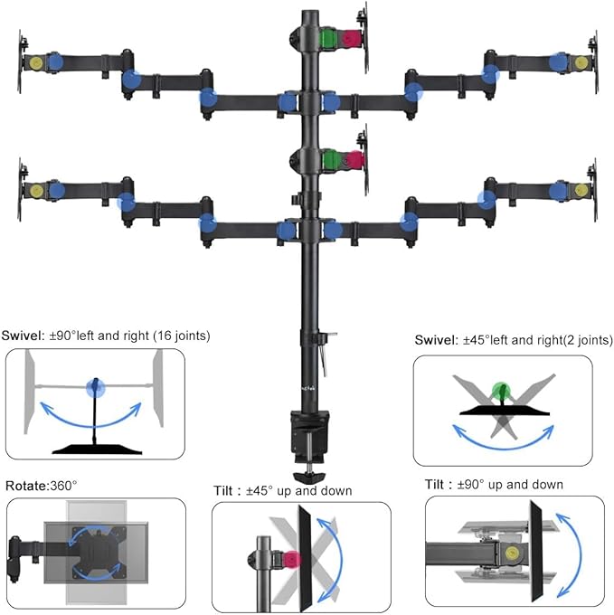 Suptek Hex LED LCD Monitor Stand up Desk Mount Extra Tall 31.5 inch Pole Heavy Duty Fully Adjustable Stand for 6 / Six Screens up to 27 inch (MD68126)