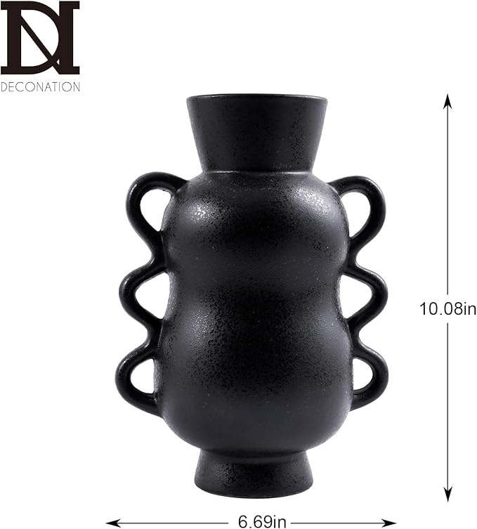 DN DECONATION Black Ceramic Vase Home Decor with Wave Handles, 10'' Tall Rustic Farmhouse Flower Vase for Table Centerpiece, Bookshelf, Living Room, Office, Modern Nordic Minimalist Decorative Vases