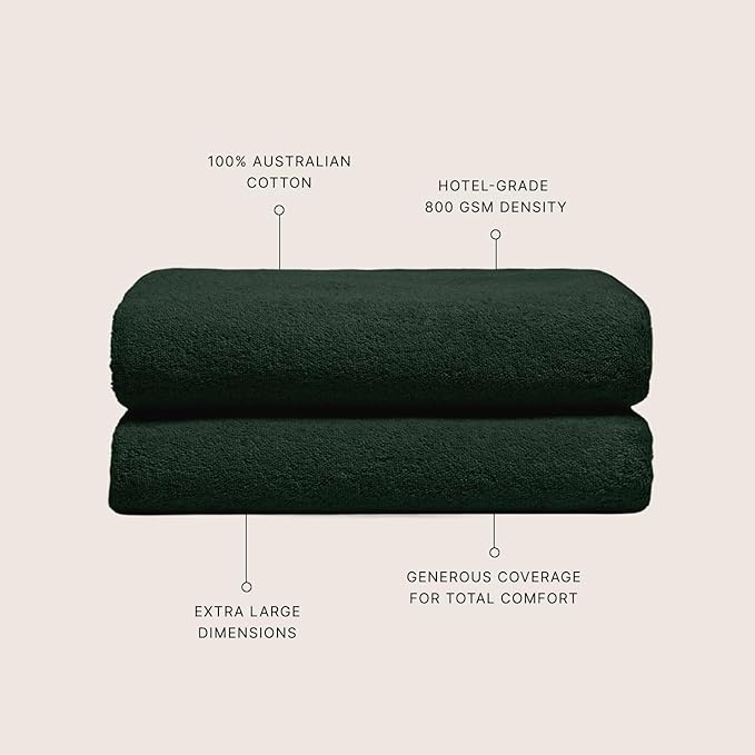 Italic Ultraplush 100% Australian Cotton Towels - Set of 2 Luxury Bath Towels, Quick Dry Plush and Absorbent, Heavy Duty Large Bath Towels, 800GSM for Bathroom & Spa (Deep Forest)