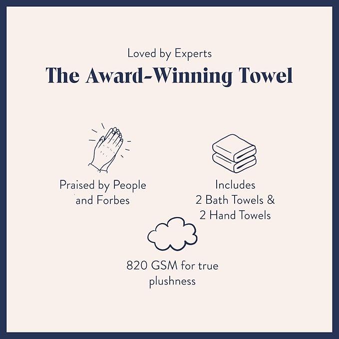 Brooklinen Super-Plush Turkish Cotton Bath Towel Set - 2 Bath Towels + 2 Hand Towels Cotton, 820 GSM, Highly Absorbent, Machine Washable, Perfect for Home & Bathroom (White)