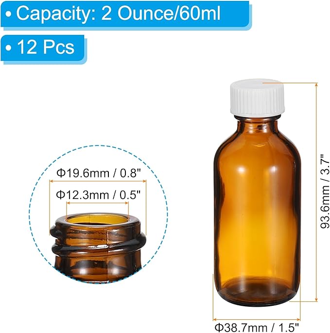 PATIKIL 2oz(60ml) Glass Sample Bottles, 24Pcs Round Bottle Dispensing Bottles with White Poly Cone Cap for Reagent Liquids, Essential Oils, Perfume, Amber