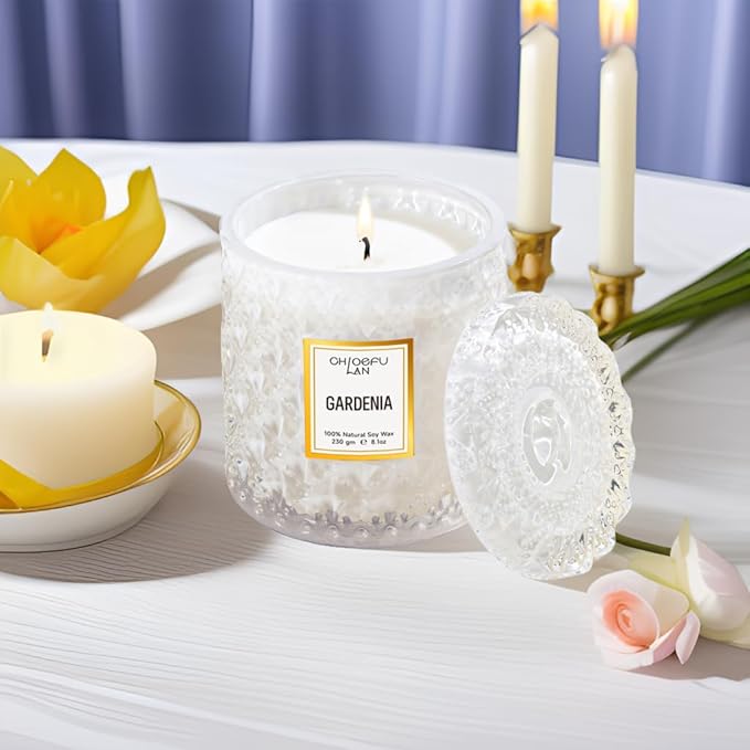 Chloefu LAN Gardenia Scented Candles for Home, Natural Soy Candle Gifts for Home Decor, Birthday Candless Gift for Women, Holiday Gifts, 8.1oz 55 Hours Burn