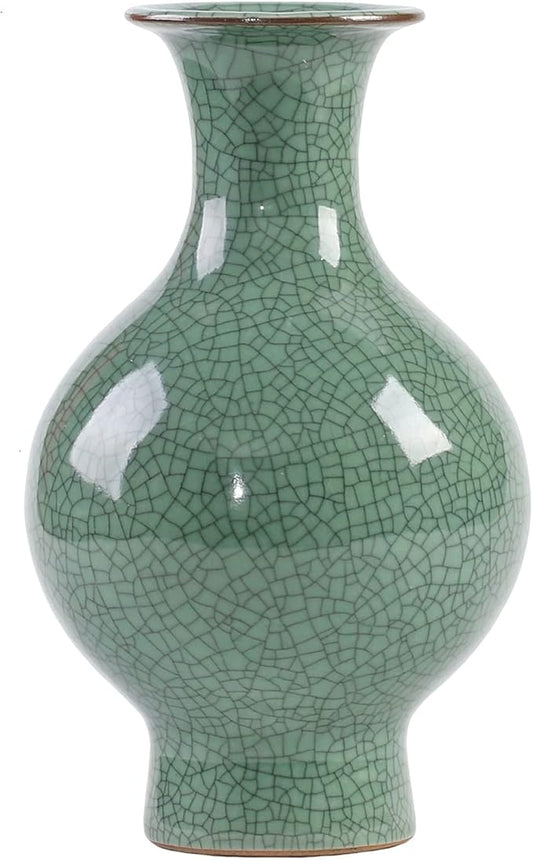 11.2Inches Chinese Ceramic Art Handmade Antique ice Crack Glaze Chinese vases Big China Porcelain Flower Bottle Green Vase for Flowers Home Decoration