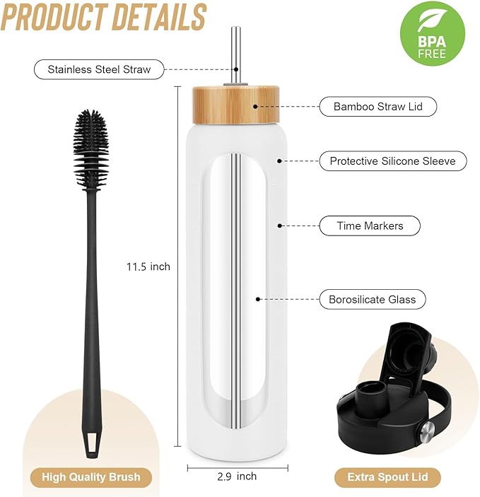 25 oz Glass Water Bottles - Motivational Tumbler Water Bottle Time Marker - Borosilicate Glass Water Bottle With Silicone Sleeve and 2 Lids, Handle Spout & Bamboo Straw Lid (White)