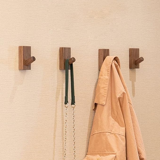 HomeDo 8Pack Adhesive Wall Hooks Hat Rack, Wooden Coat Hooks Wall Mounted, Decorative Single Organizer Hat Hanger Towel Rack, Heavy Duty Hooks (Rectangle-Walunt,8Pack)