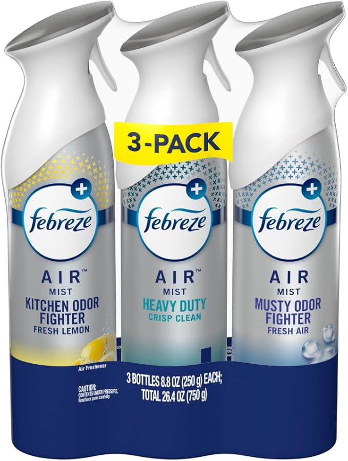 Febreze Air Freshener Spray, Odor-Fighting Room Spray, Heavy Duty Bundle, Heavy Duty Kitchen, Heavy Duty Crisp Clean, Musty Odor Fighter Scent Mix, 8.8oz, 3 Count
