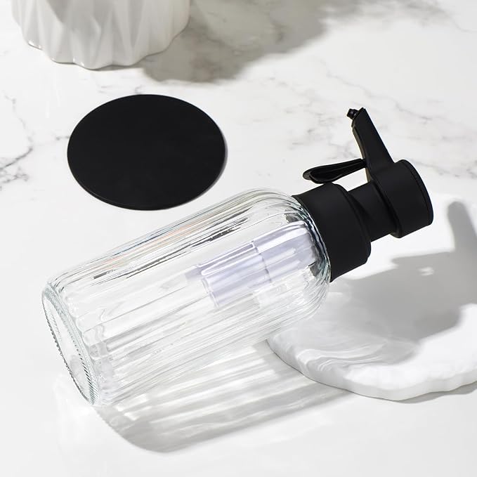 Automatic Foaming Soap Dispenser, 17oz Clear Glass Hand Soap Dispenser with ABS Touch Sensor Pump Battery Operated, Dish/Hand Soap Refillable for Bathroom Kitchen (Black)