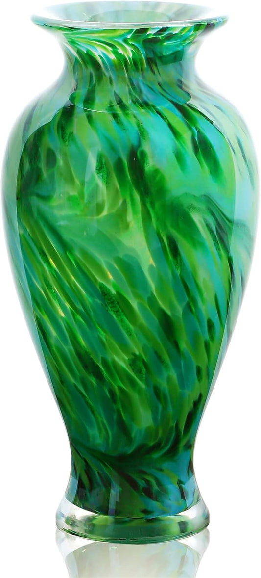 Hand Blown Green Classic Vase for Home Decor, 11.5Inch Glass Flower Vase for Shelf Decor, Living Room Decor, Centerpieces, Unique Gift for Her Mom Sister Friends