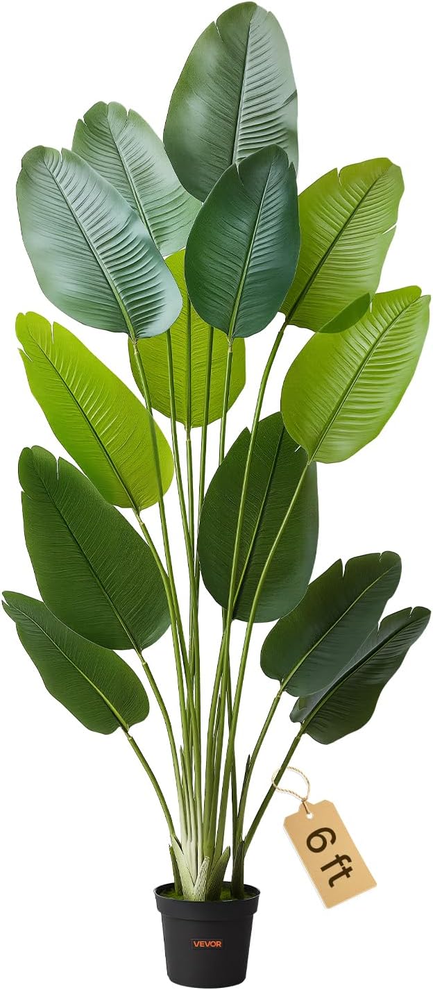VEVOR Artificial Bird of Paradise 6 ft Tall, Fake Tropical Plants with with 13 Trunks & White Pot, Faux Floor Silk Tree, Large Trees for Home Office Living Room Decor House Warming, Indoor Outdoor