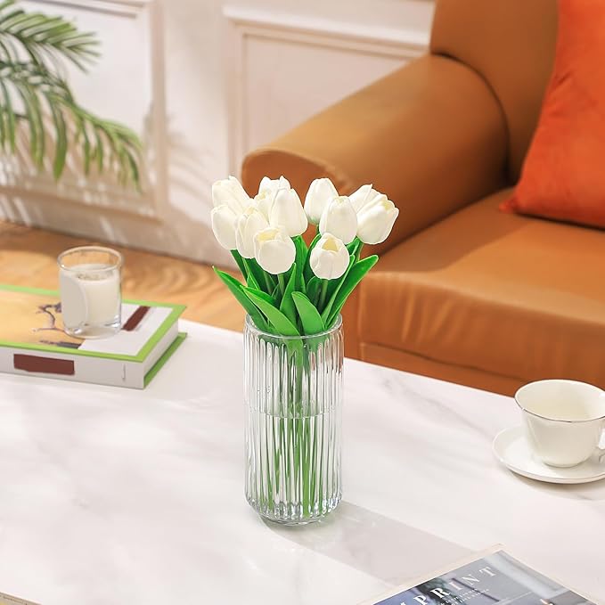 Ribbed Glass Vase,Flower Vase for Bouquet, Clear Glass Vases for Flowers, Modern Vases for Living Room, Bathroom, Dining Table, Office, Wedding, Centerpieces, 8 Inches