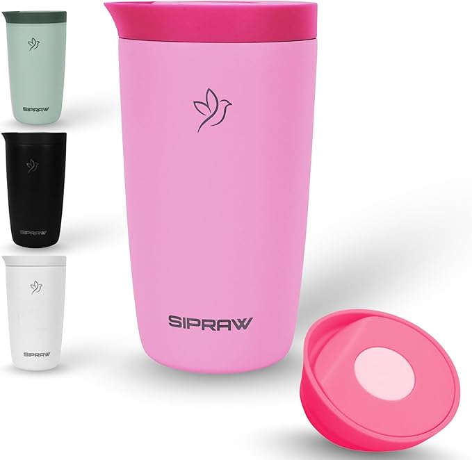 Travel Coffee Mug Tumbler, Reusable Iced Coffee Hot Coffee Cup, Double Wall Insulated Thermal Stainless Steel Material, Gift for Women Men, Perfect for Camping Travelling, 12 oz, Pink