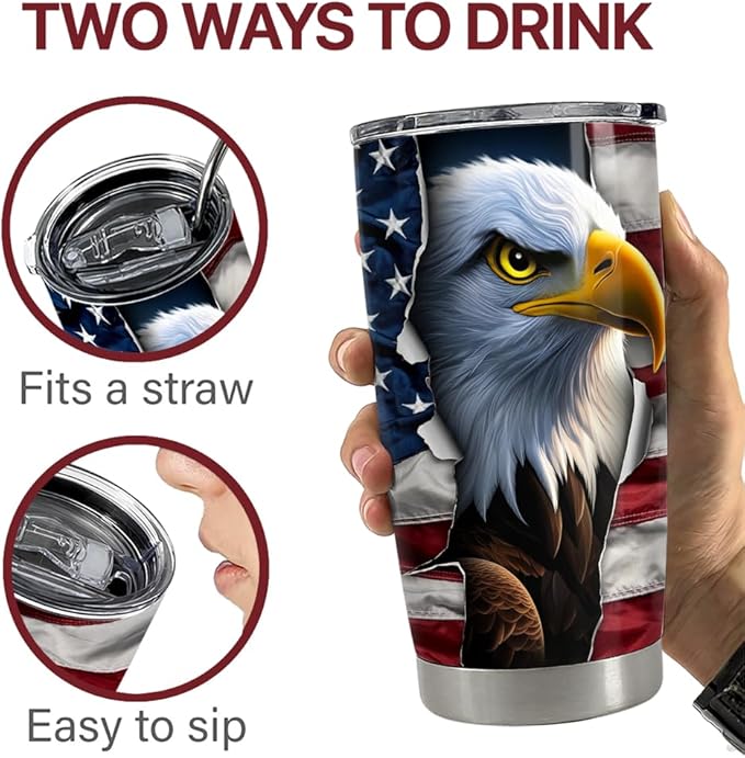 SANDJEST Eagle Tumbler 20oz Stainless Steel Insulated Coffee Travel Mug Cup American Flag Eagle Gifts for Men, Veterans on Birthday Christmas