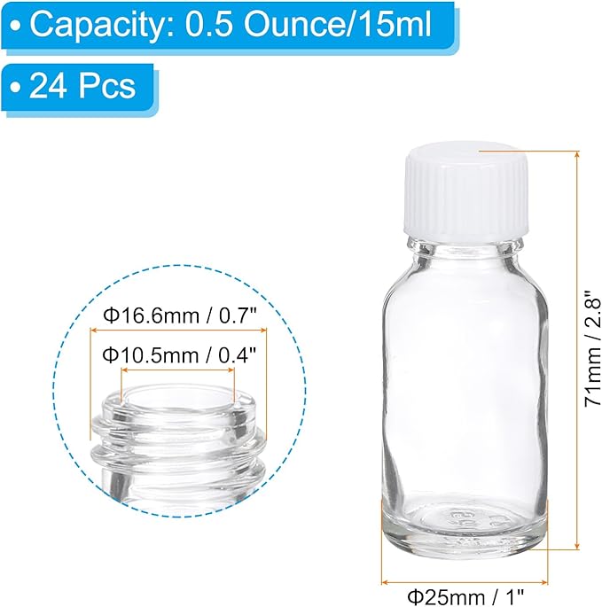 PATIKIL 0.5oz(15ml) Glass Sample Bottles, 24Pcs Round Bottle Dispensing Bottles with White Poly Cone Cap for Reagent Liquids, Juice, Perfume Hot Sauce Ginger Shots, Transparent