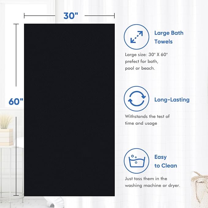 HOMEXCEL Bath Towel Set Pack of 4, 30 x 60 Inches Large Microfiber Bath Towels, Soft, Absorbent, and Quick Dry Towels for Bathroom, Pool, Beach, Swim, and Yoga, Large Bathroom Towels, Black
