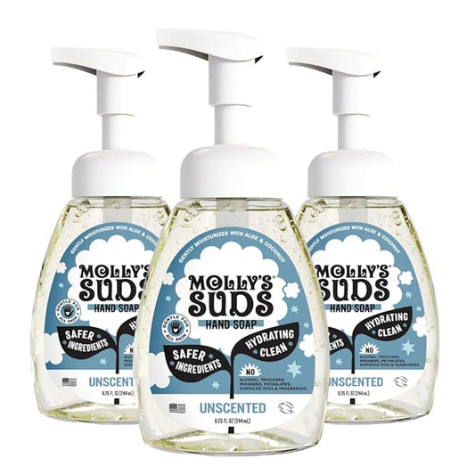 Molly's Suds Foaming Hand Soap - Made with Aloe and Coconut Oil | Moisturizing Hand Wash | Clean Ingredients, Infused with Essential Oils | Unscented - 8.25 Oz (Pack of 3)