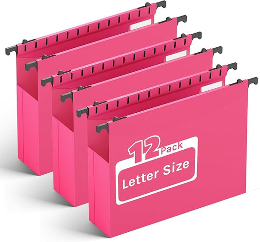 Ansook Hanging File Folders Letter Size Extra Capacity, Heavy Duty 2" Expandable File Folders Hanging with Tabs, 12 Pack Pink Filing Cabinet Folders,Plastic Hanging File Organizer,File Frme Folder
