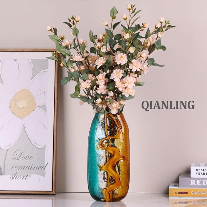 Handcrafted Glass Vase with Amber and Turquoise Colors - Artistic Decorative Flower Vase for Home Decor, Modern Art Piece for Living Room, Dining Table, and Office Desk (13.8 in)