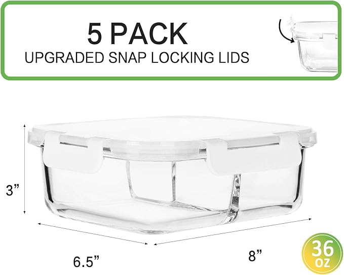 M MCIRCO [5-Pack,36 oz] Glass Meal Prep Containers 3 Compartment with Lids, Glass Lunch Containers,Food Prep Lunch Box,Bento Box, Microwave, Oven, Freezer, Dishwasher (4.5 Cups, White)