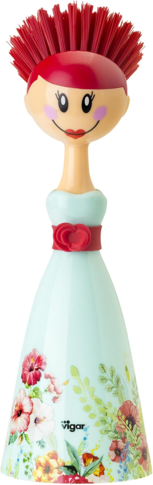 Vigar Dolls Dish Brush with Ergonomic Handle and Dres-shaped Storage Holder - Scrub Brush for Pans, Pots, Kitchen Sink Cleaning, Blue/Pink
