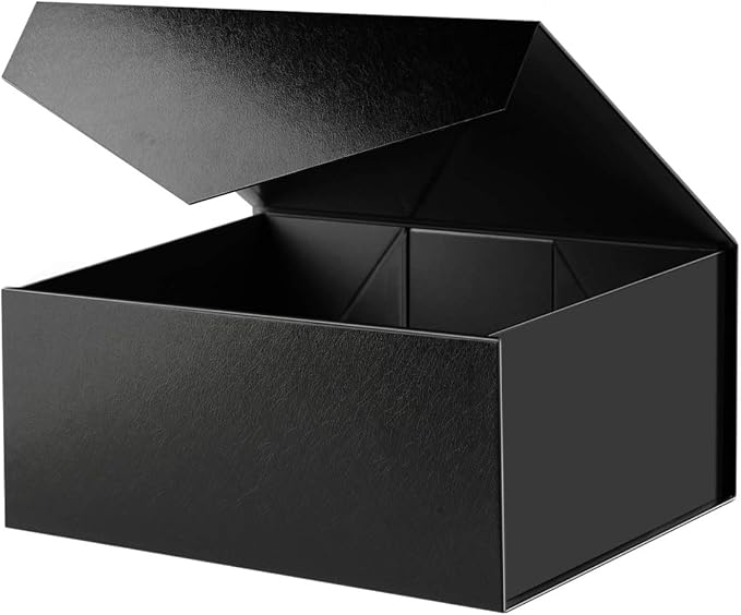 BLK&WH Gift Box 9x6.5x3.8 Inches, Black Gift Box, Groomsman Box, Collapsible Box with Magnetic Closure Lid for Gift Packaging (Glossy Black with Grass Texture)