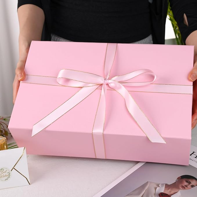 VGOODALL Pink Gift Box with Lid 14x8.7x4.3inches Magnetic Gift Box with Ribbon Greeting Card for Presents Birthdays Graduation Weddings