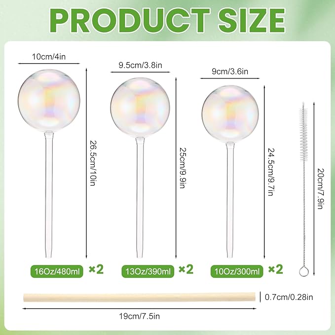 6 Pcs Plant Watering Globes Glass Iridescent Rainbow Self Watering Globes Clear Automatic Plant Watered Bulbs Devices Set Including 16oz 13oz 10oz for Indoor Plants Home Garden Vacation Care