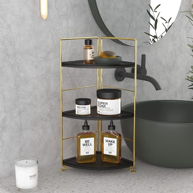 3-Tier Corner Bathroom Organizer Countertop for Storage, Counter Tray and Vanity Organizer, Plastic Counter Organizer for Kithchen, Bathroom, Dresser (Gold +Black)