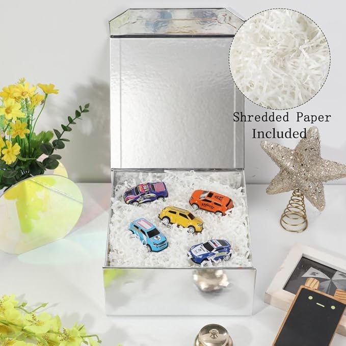 1 Pcs Small Silver Gift Box 8x8x4 Inch Magnetic Gift Box Small Magnetic Box with Crinkle Paper Silver Small Gift Box with Shredded Paper Luxury Gift Boxes with Lids for Presents