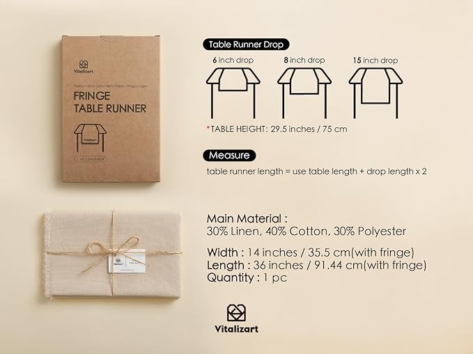 Vitalizart Table Runner 14 x 36 Inches Long Tan Cotton Linen Table Runners for Rustic Home Decorations Dining Room Wedding Decor Reception Bridal Shower Thanksgiving Christmas