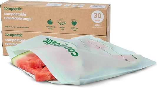Compostic Home Compostable Resealable Gallon Bags (10.5"x10.5"), Microwave & Freezer Safe, Organic Food Storage Container, 60 Count