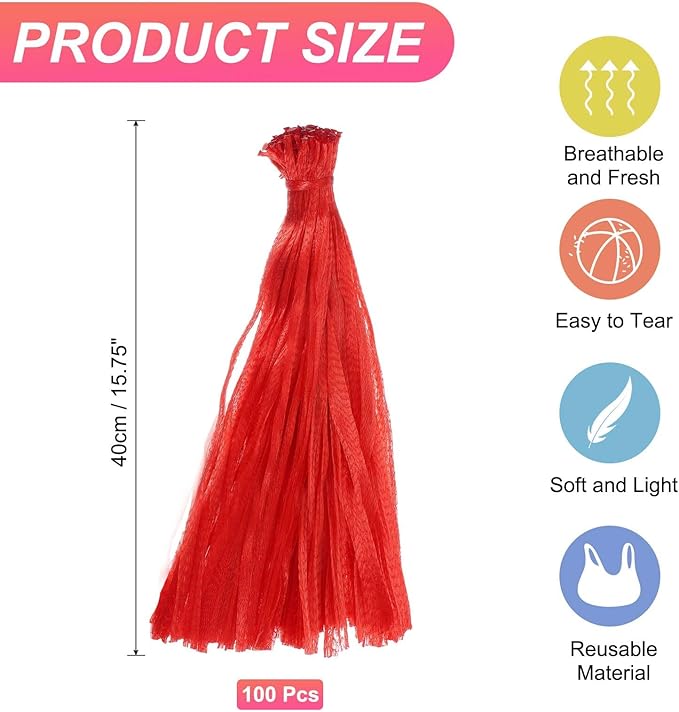 uxcell 100PCS Reusable Mesh Produce Bags, 15.7 Inches Egg Hatching Bags Washable Breathable Fruit Net Stretchable Mesh Netting Storage for Seafood Vegetable Onion Grocery Shopping, Red