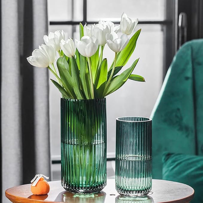 Muyan 9.8" Flower Vase for Decor Ribbed Glass Vase Modern for Centerpieces Desktop Home Office Dining Living Room Wedding (Green)