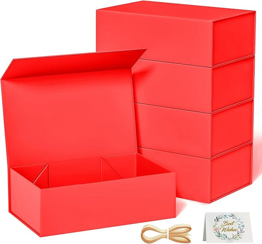 5 Pack Red Gift Box, 9.5x6x3'' Gift boxes for Presents with Lids Magnetic Closure Rectangle Collapsible for Bridesmaid Proposal Box, Wedding, Christmas, Halloween, Birthday Gift Packging