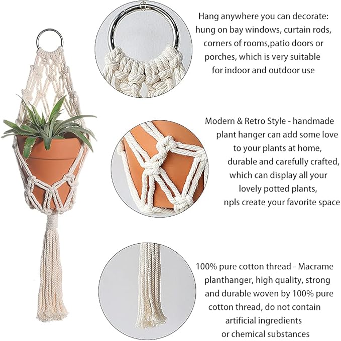 Boho Macrame Plant Hangers - Handmade Hemp Rope Hanging Baskets for Indoor Plants with Ceiling Hooks, Bohemian Home Decor Outdoor Wall Art
